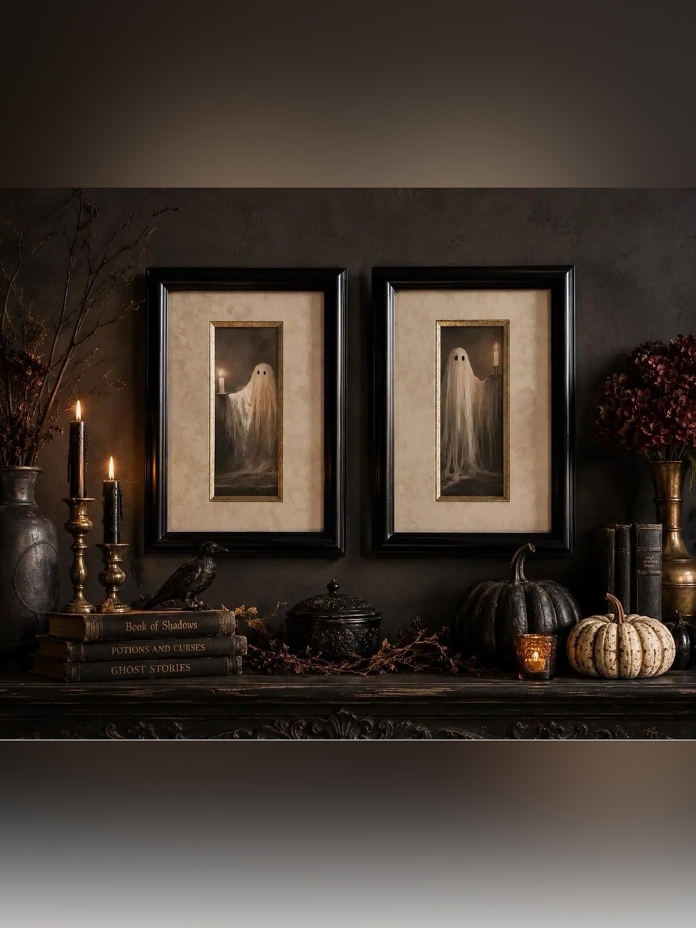 Set of 3 Framed and Matted Halloween Spooky Ghost Wall Art 14x10